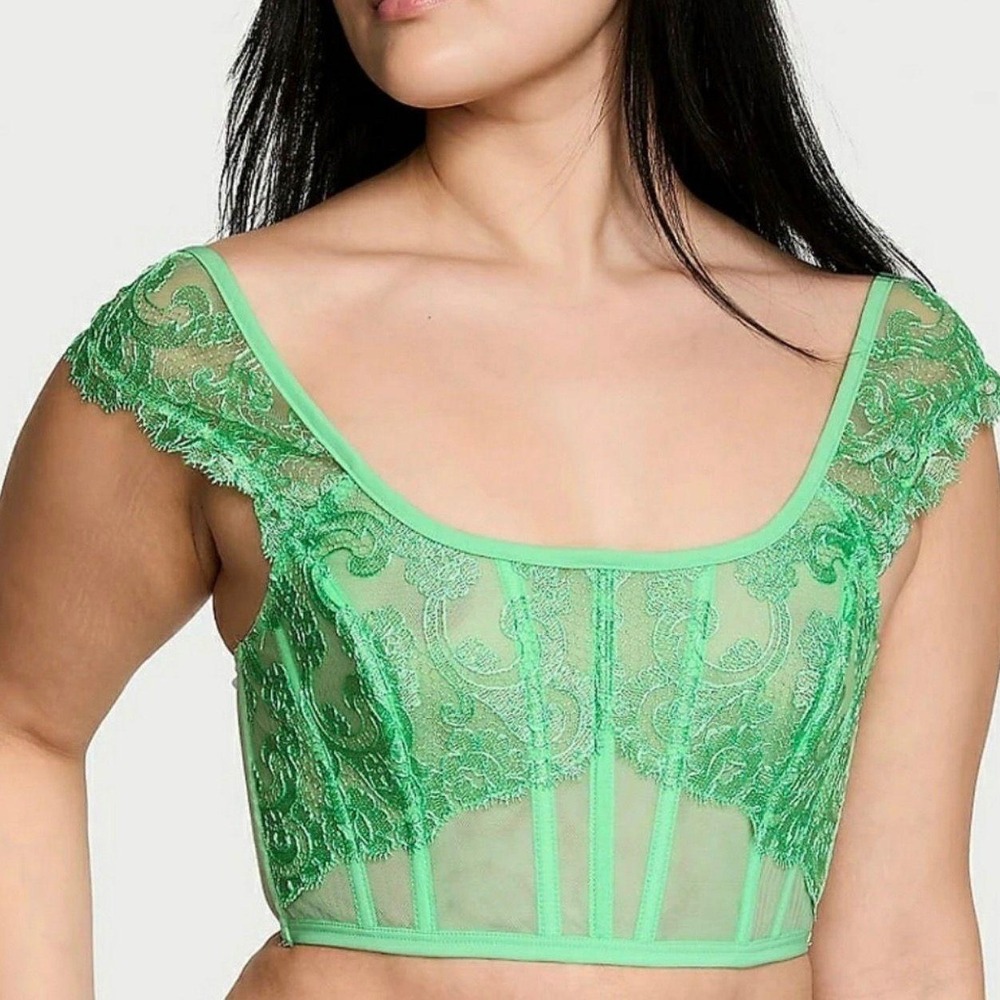 Victoria's Secret Lace Corset Bralette Green Sheer Mesh Lingerie XS New With Tag